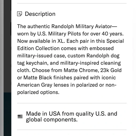NWT Randolph Aviator Military Special Edition Matte Black Polarized Sunglasses